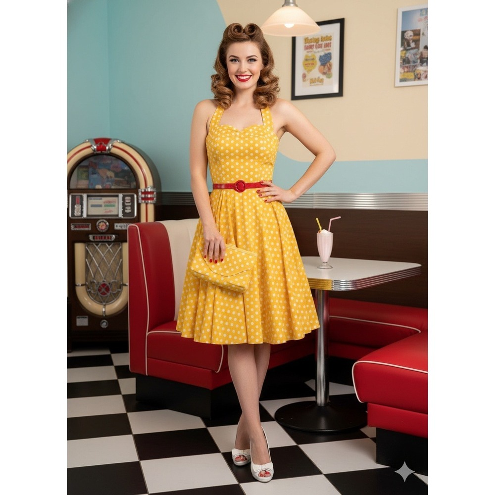 Feldie Women's Dress‎ L Rockabilly Yellow Polka-Dot Halter Dress Retro NWT
